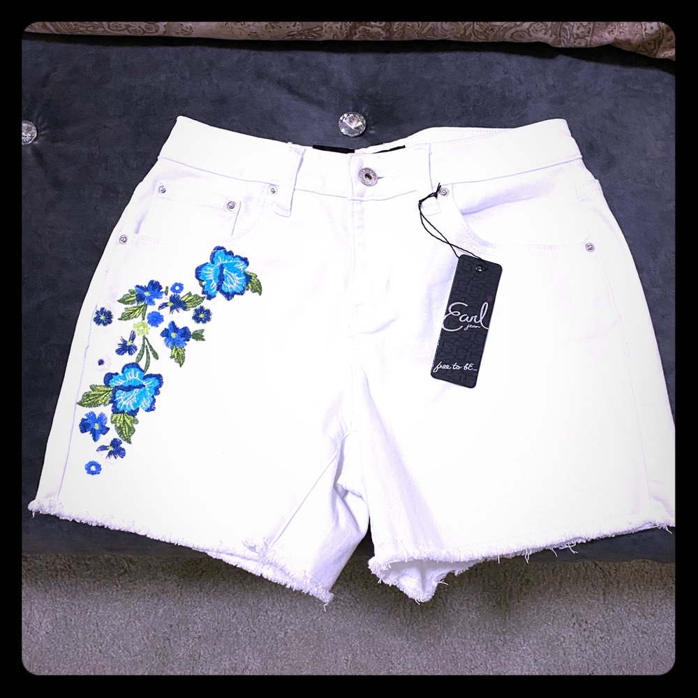 White and Blue Floral Denim Shorts